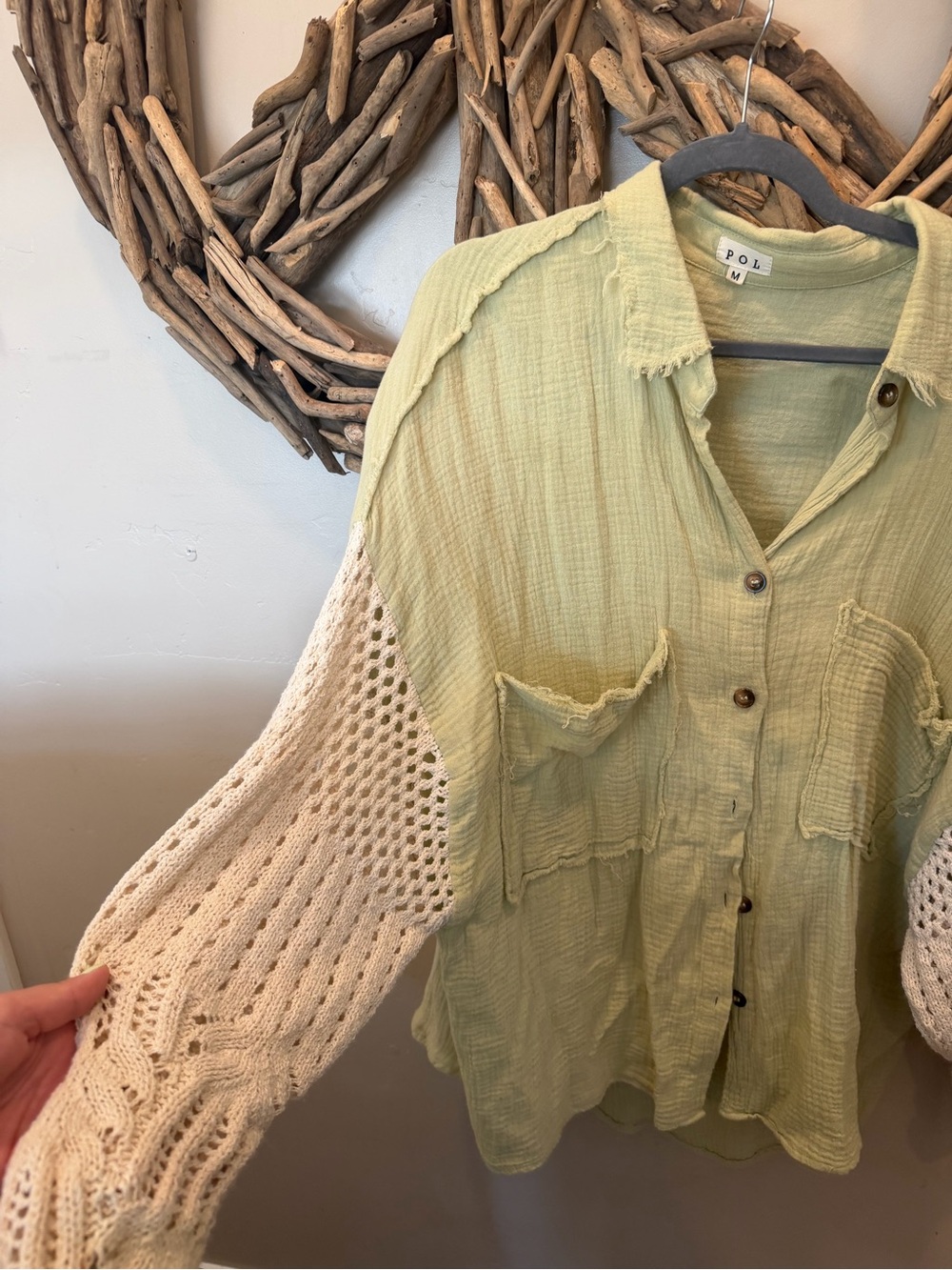 POL Light Green Gauze Button-Down Shirt with Cream Crochet Sleeves